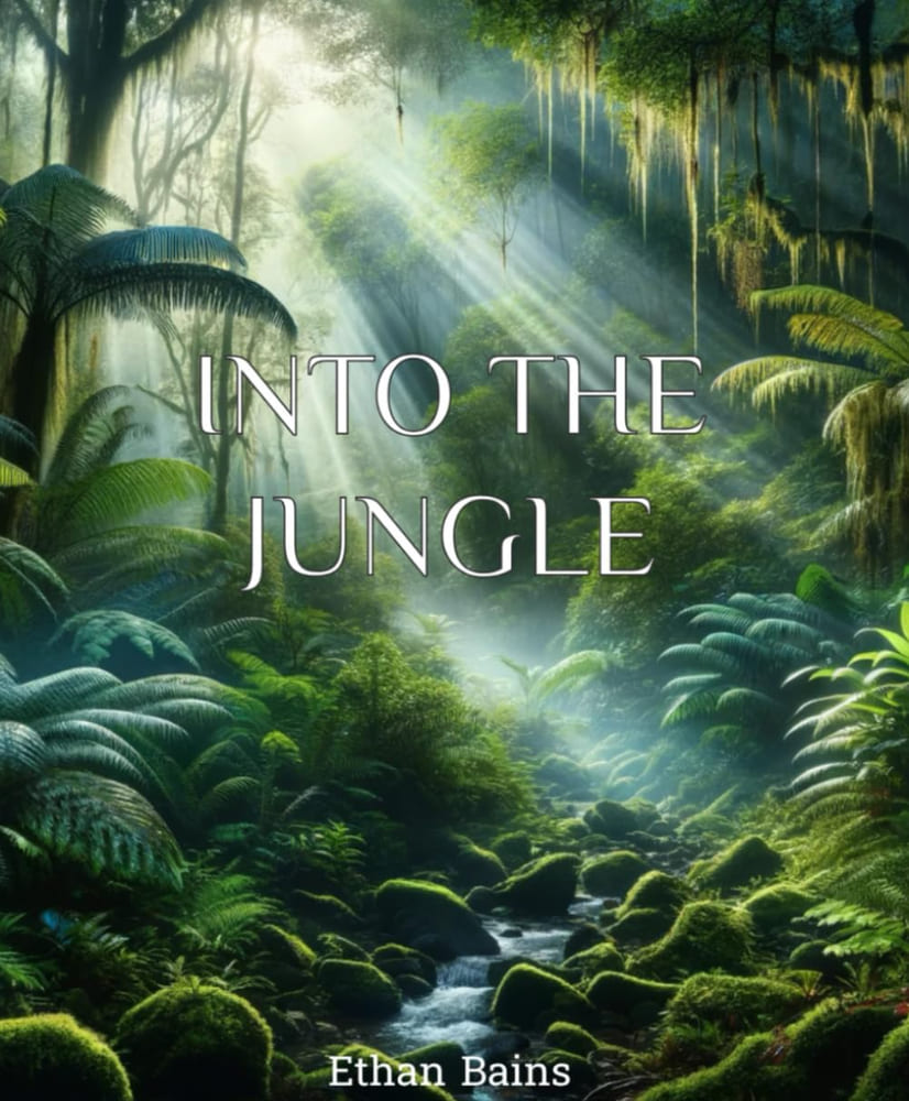 Cover of Into the Jungle - shafts of sunlight falling through mist in dense green rainforest, over tree ferns, hanging moss and a stream running across mossy rocks