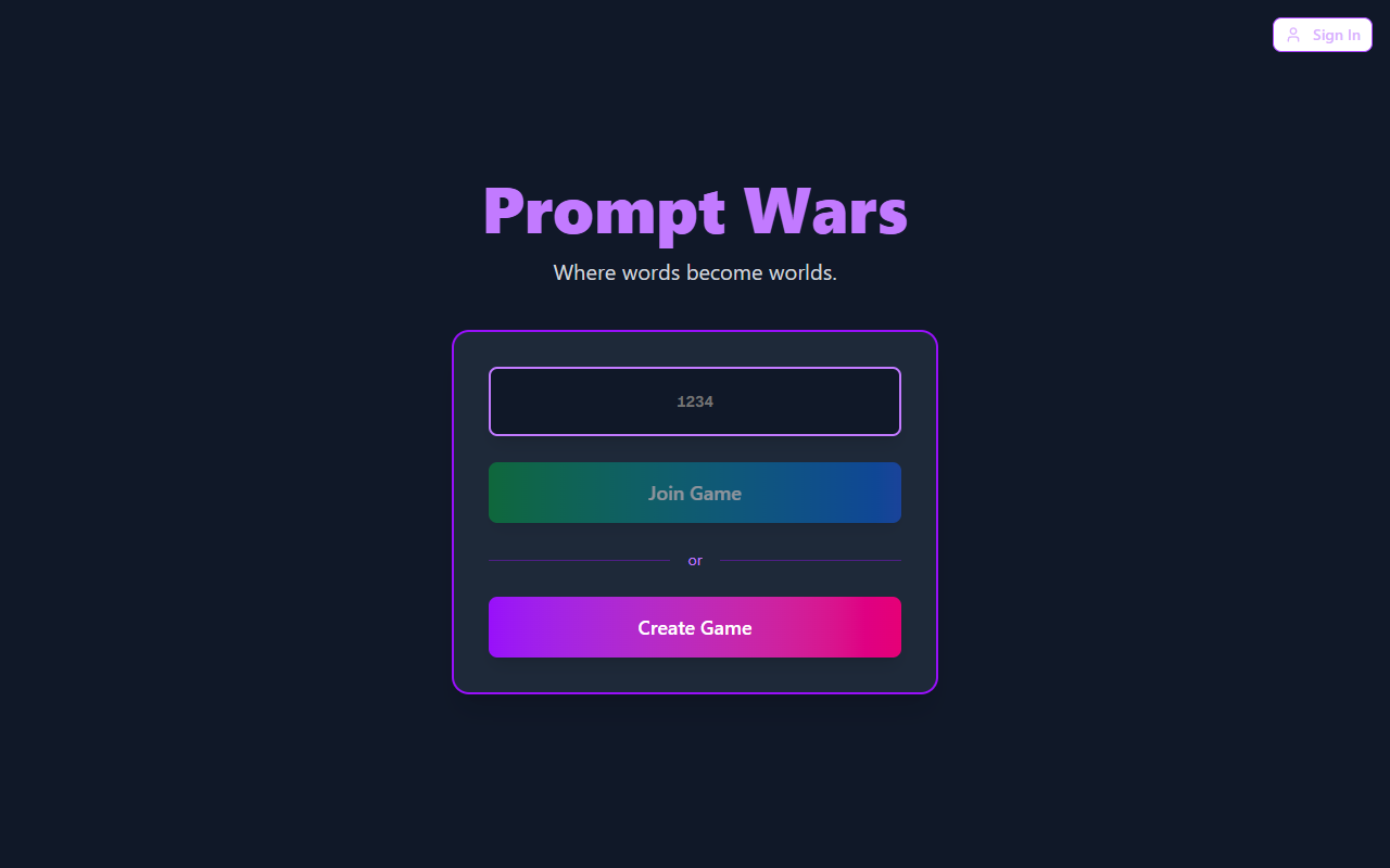 The Prompt Wars landing page: Where Words Become Worlds, featuring AI-powered multiplayer creative battles